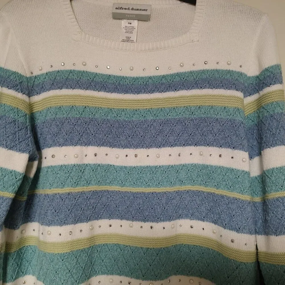 Alfred Dunner White Multi-Color Sparkly Bead Sweater Size Women's Petite M